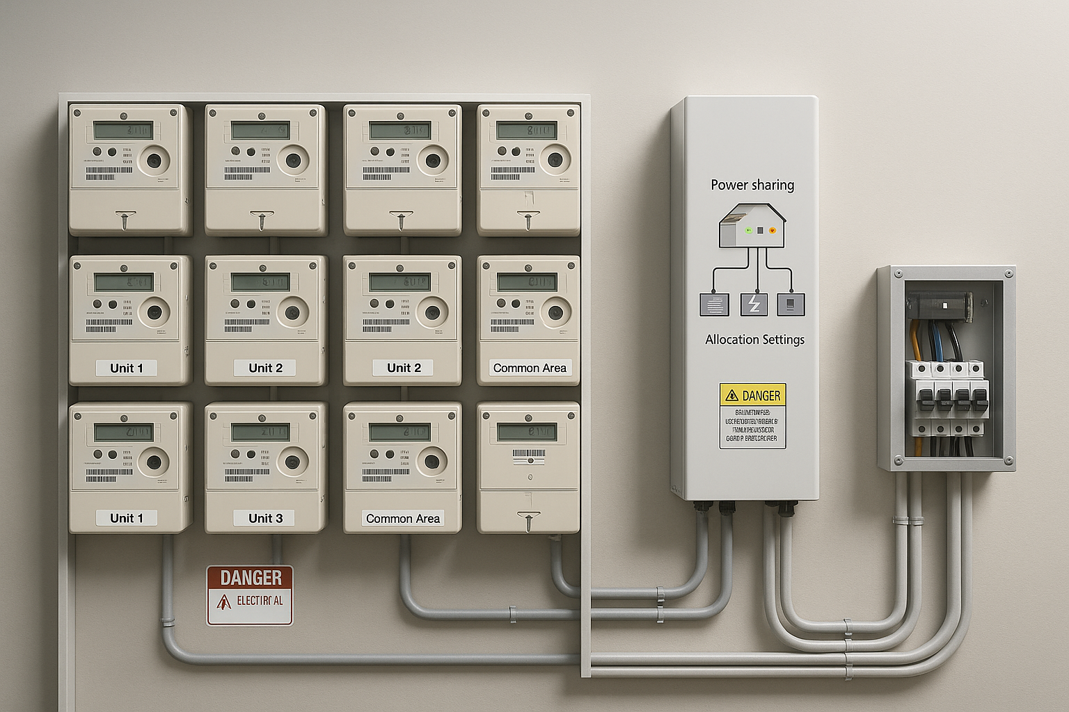 Strata meter room with multiple apartment meters and a generic power-sharing device for shared solar.