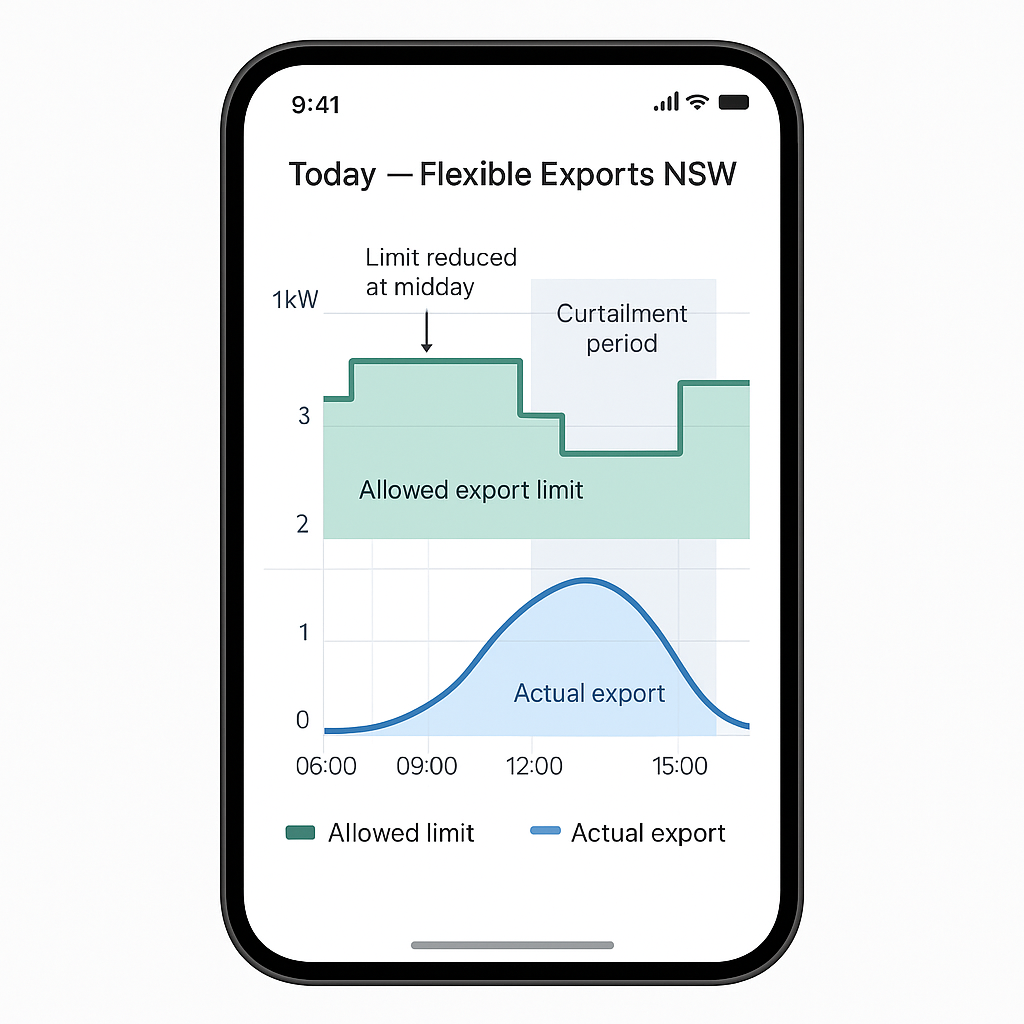 App screen showing export limit changing across the day Accredited installer aligning solar panels on a Sydney roof at sunrise.