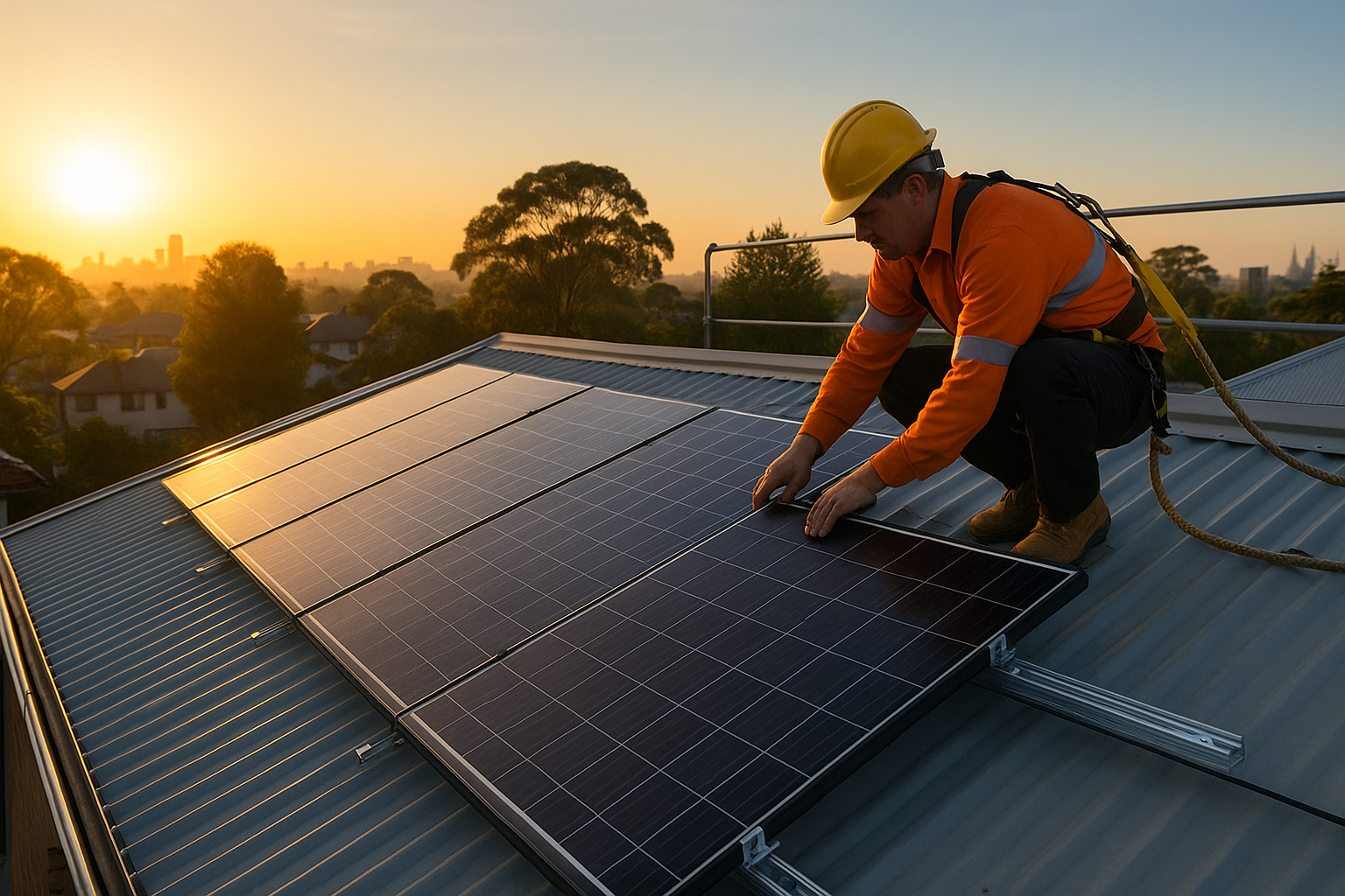 Accredited installer aligning solar panels on a Sydney roof at sunrise.