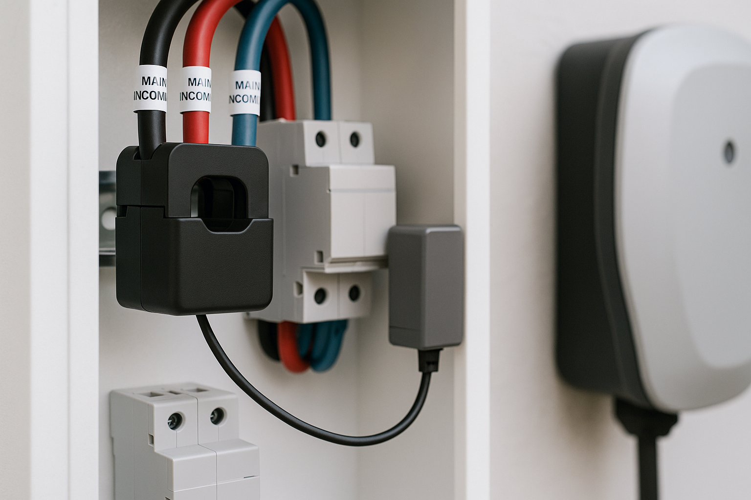 CT clamp and charger — surplus-only setup Macro of a solar panel corner with stainless clamp and anodised frame on a coastal roof.