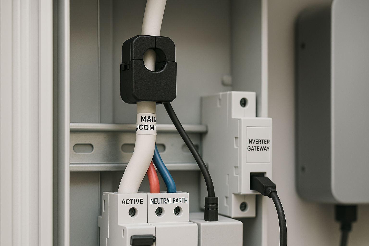 CT clamp on main feed with inverter export control Macro of a solar panel corner with stainless clamp and anodised frame on a coastal roof.