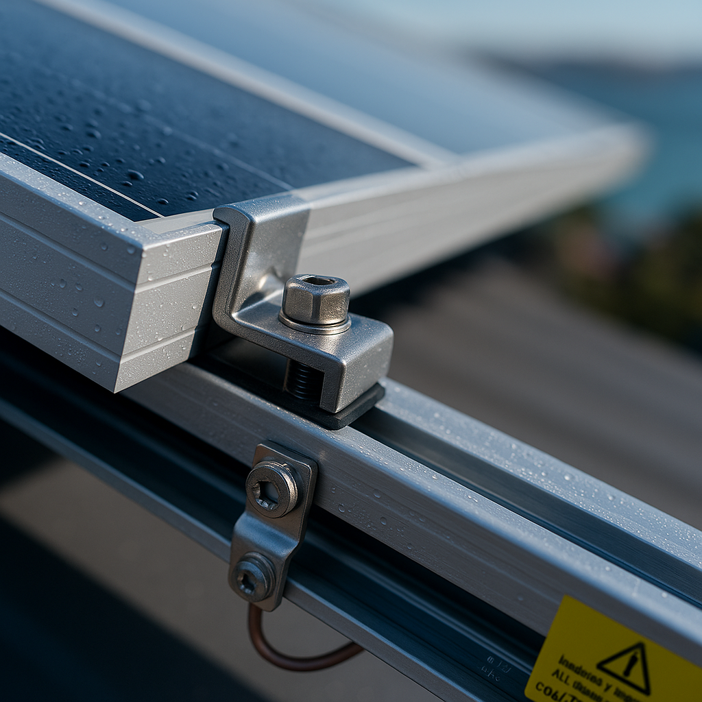 Macro of a solar panel corner with stainless clamp and anodised frame on a coastal roof.