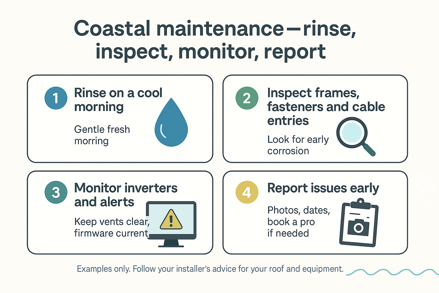Coastal maintenance — rinse, inspect, monitor, report A tidy, accredited installation unlocks the federal upfront discount and supports VPP participation.