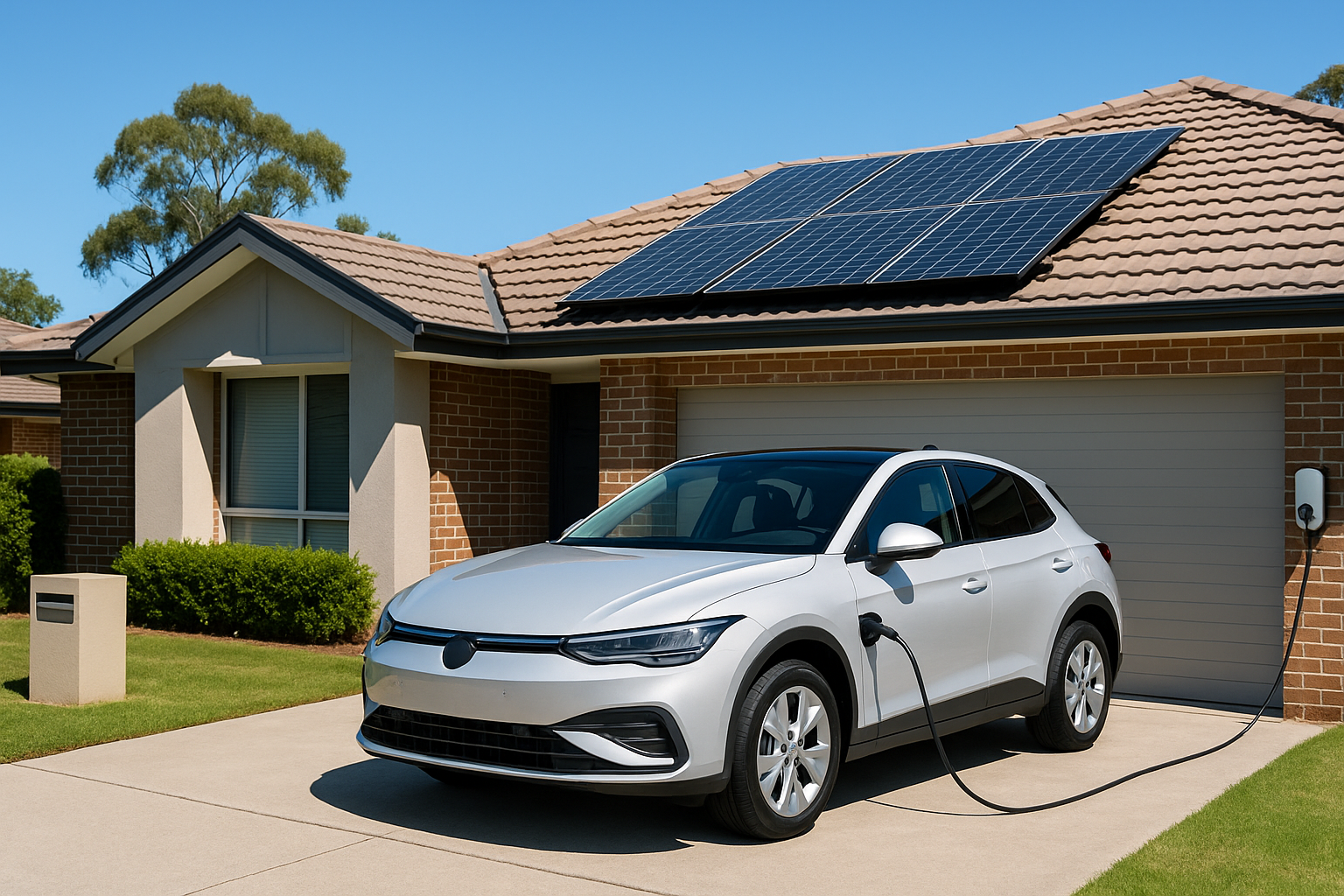 EV charging in a Sydney driveway under midday sun Accredited installer aligning solar panels on a Sydney roof at sunrise.