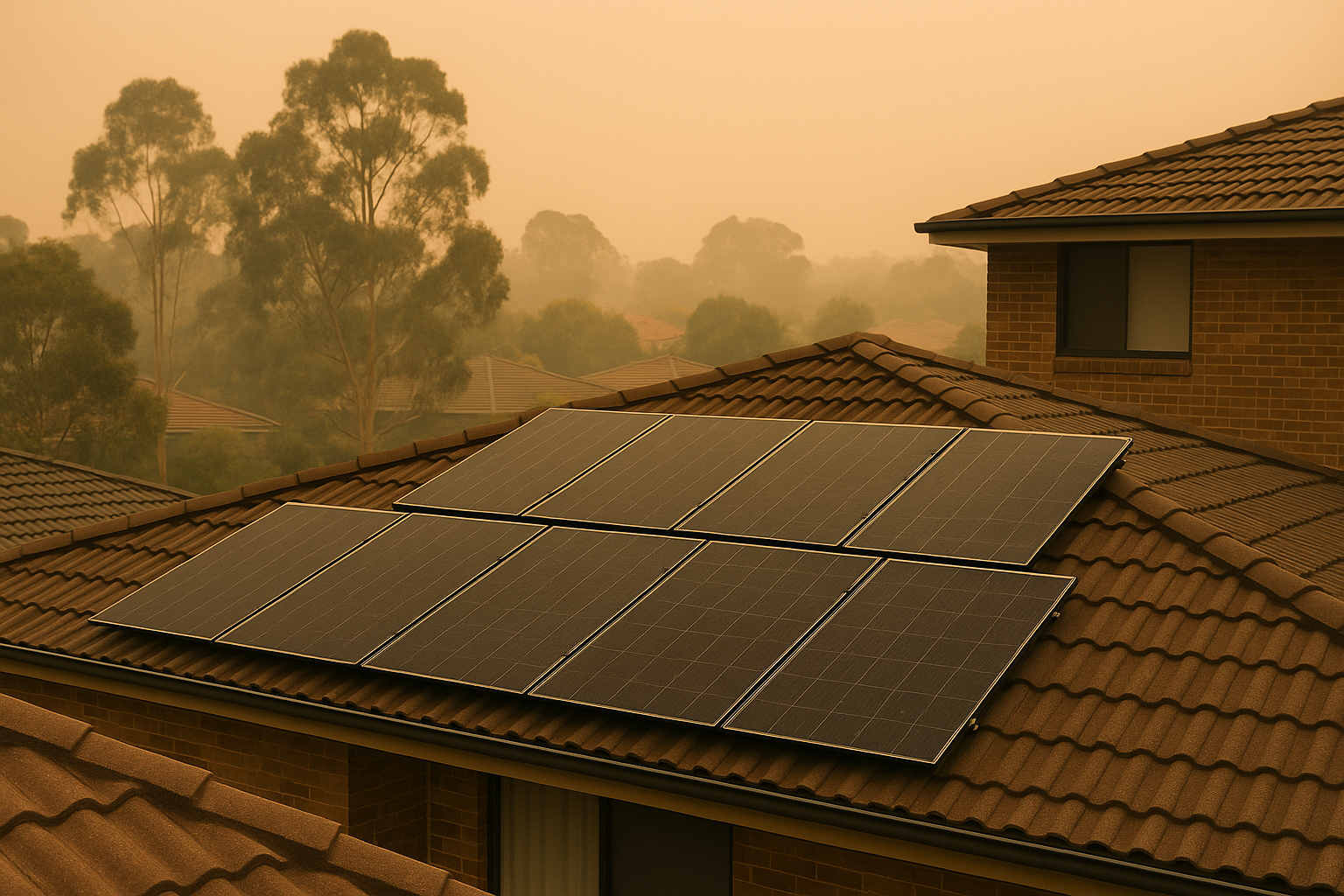 Hazy orange sky over suburban rooftop solar Stack the federal battery discount with NSW VPP to cut upfront costs and earn ongoing credits