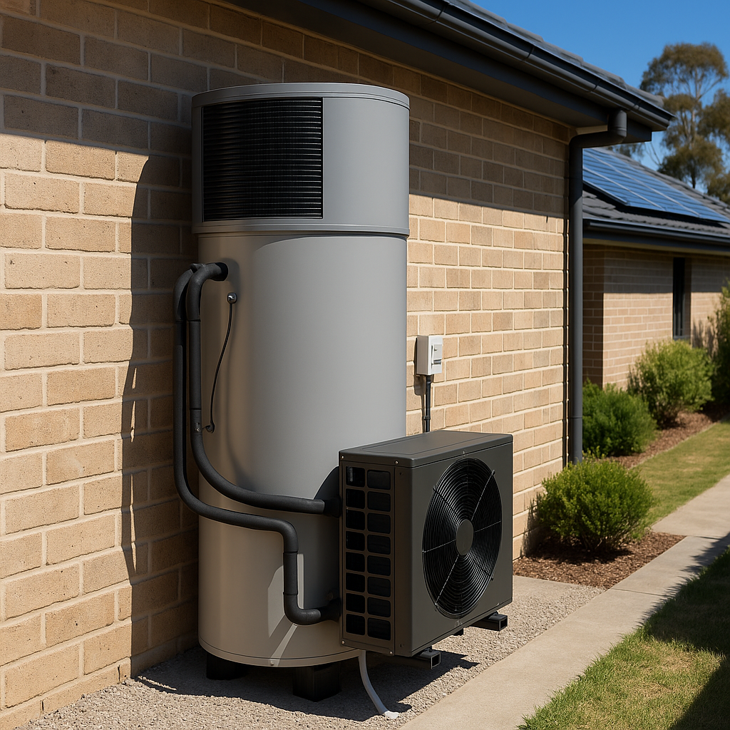 Heat pump hot water unit beside a Sydney home at midday Accredited installer aligning solar panels on a Sydney roof at sunrise.
