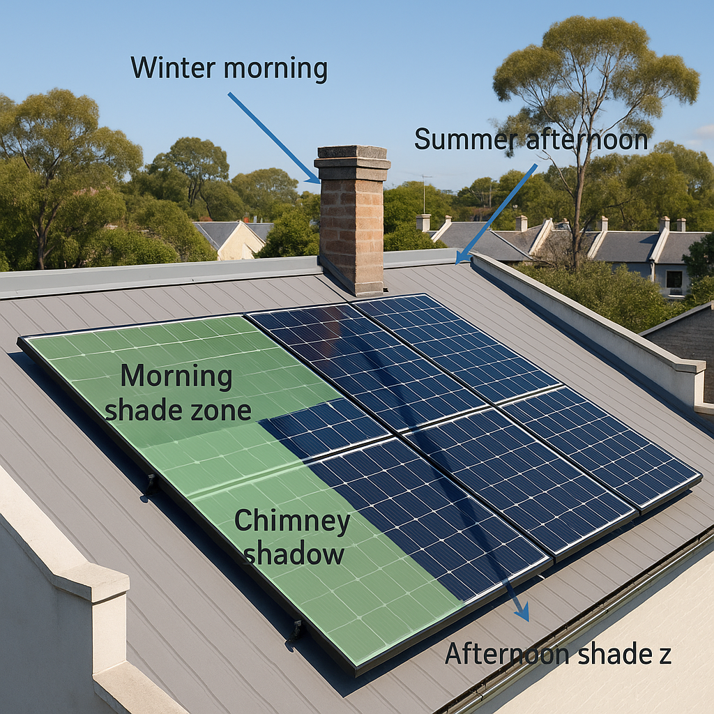 Hero — Sydney terrace roof with partial shade zones marked Accredited installer aligning solar panels on a Sydney roof at sunrise.