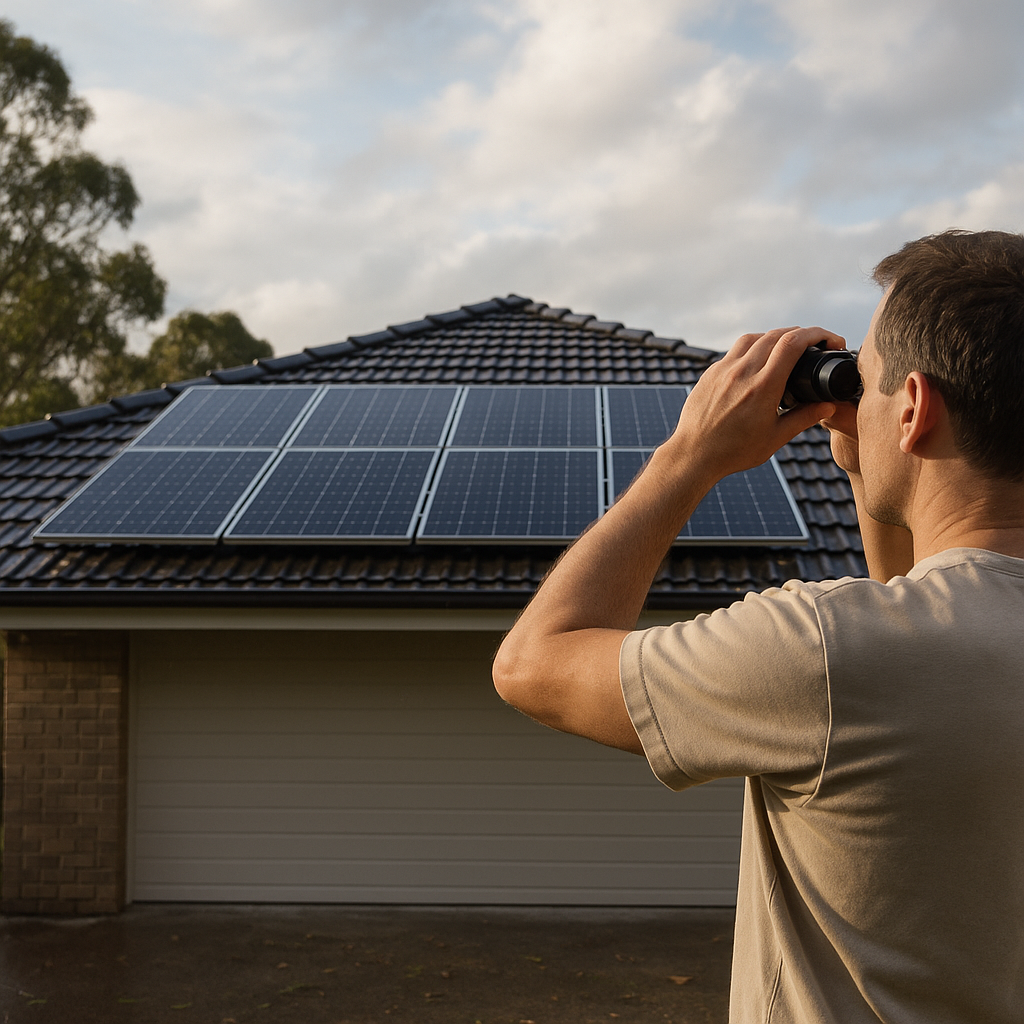 Homeowner observing rooftop solar from the ground with binoculars Accredited installer aligning solar panels on a Sydney roof at sunrise.