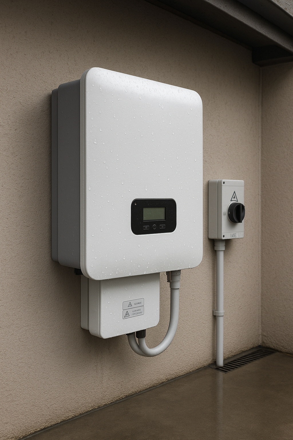 Inverter area — clear vents and no water ingress Macro of a solar panel corner with stainless clamp and anodised frame on a coastal roof.