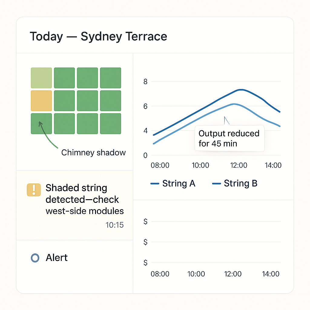 Monitoring — shaded string alert with per-module view Macro of a solar panel corner with stainless clamp and anodised frame on a coastal roof.