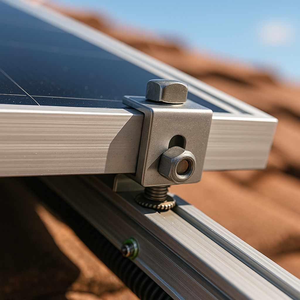 Macro of a solar panel corner with stainless clamp and anodised frame on a coastal roof.