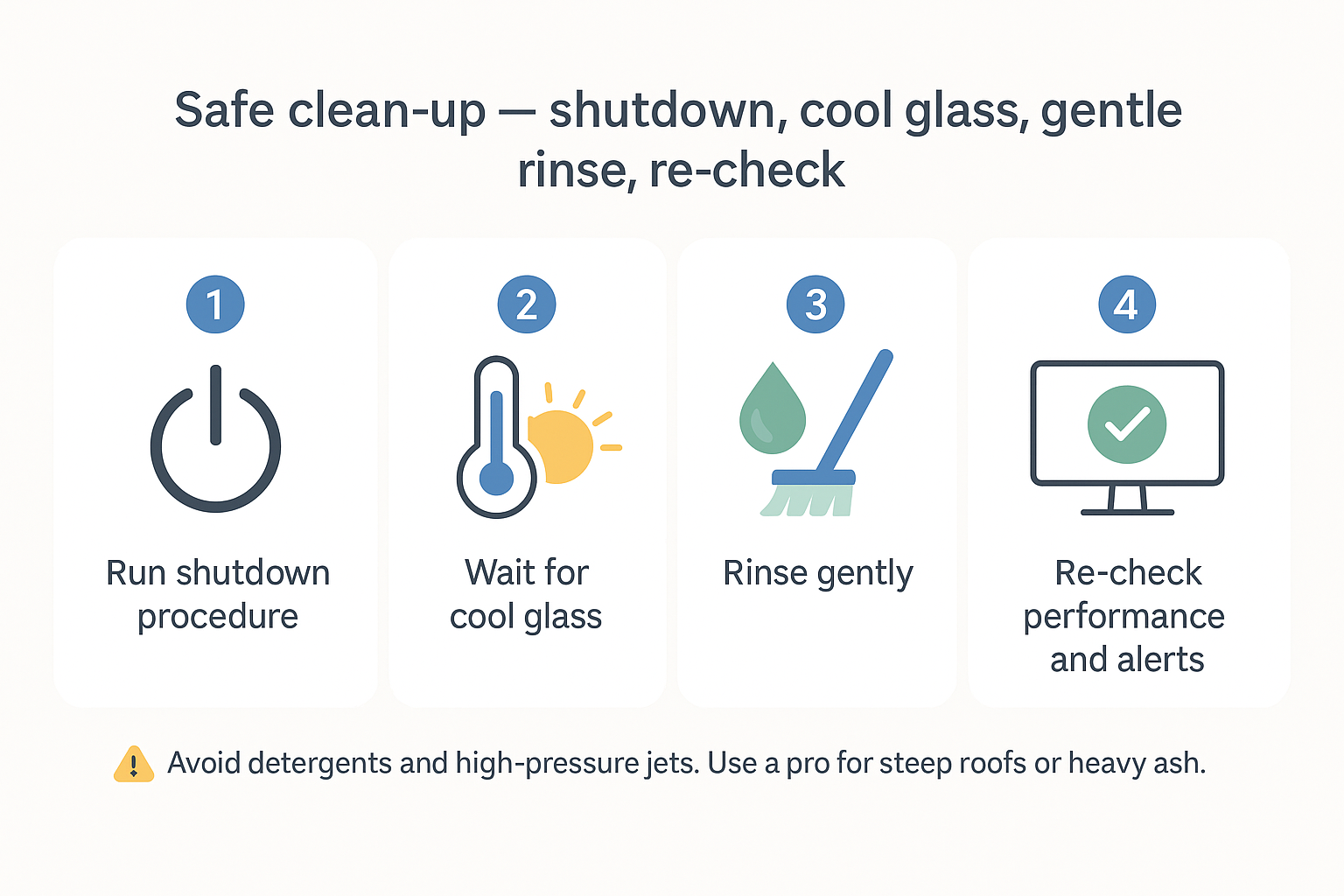Safe clean-up — shutdown, cool glass, gentle rinse, re-check A tidy, accredited installation unlocks the federal upfront discount and supports VPP participation.