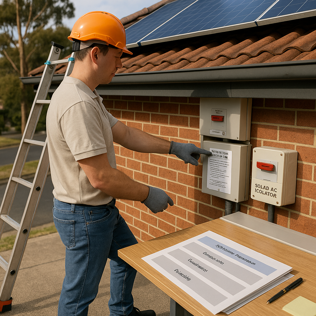 Accredited installer aligning solar panels on a Sydney roof at sunrise.