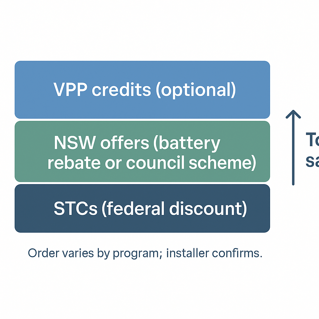 Flow showing quote, accredited install, federal upfront discount, NSW VPP enrolment, incentive and ongoing credits.
